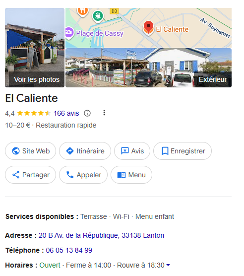 Avis fiche google my buisness +166 avis et 4.4 sur 5 en note